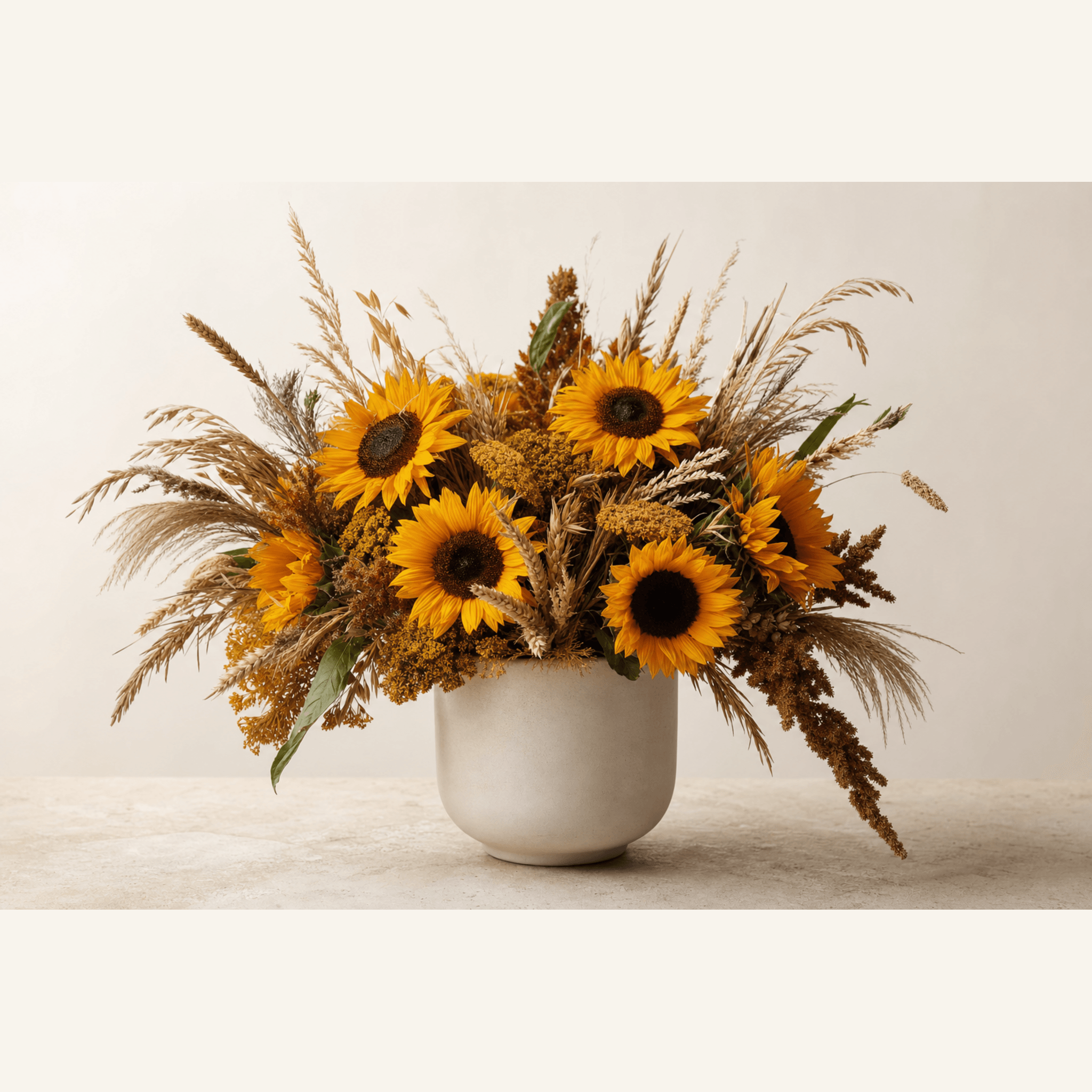 Golden sunflowers and mixed dried grasses with wheat and amaranth in a round white ceramic vase