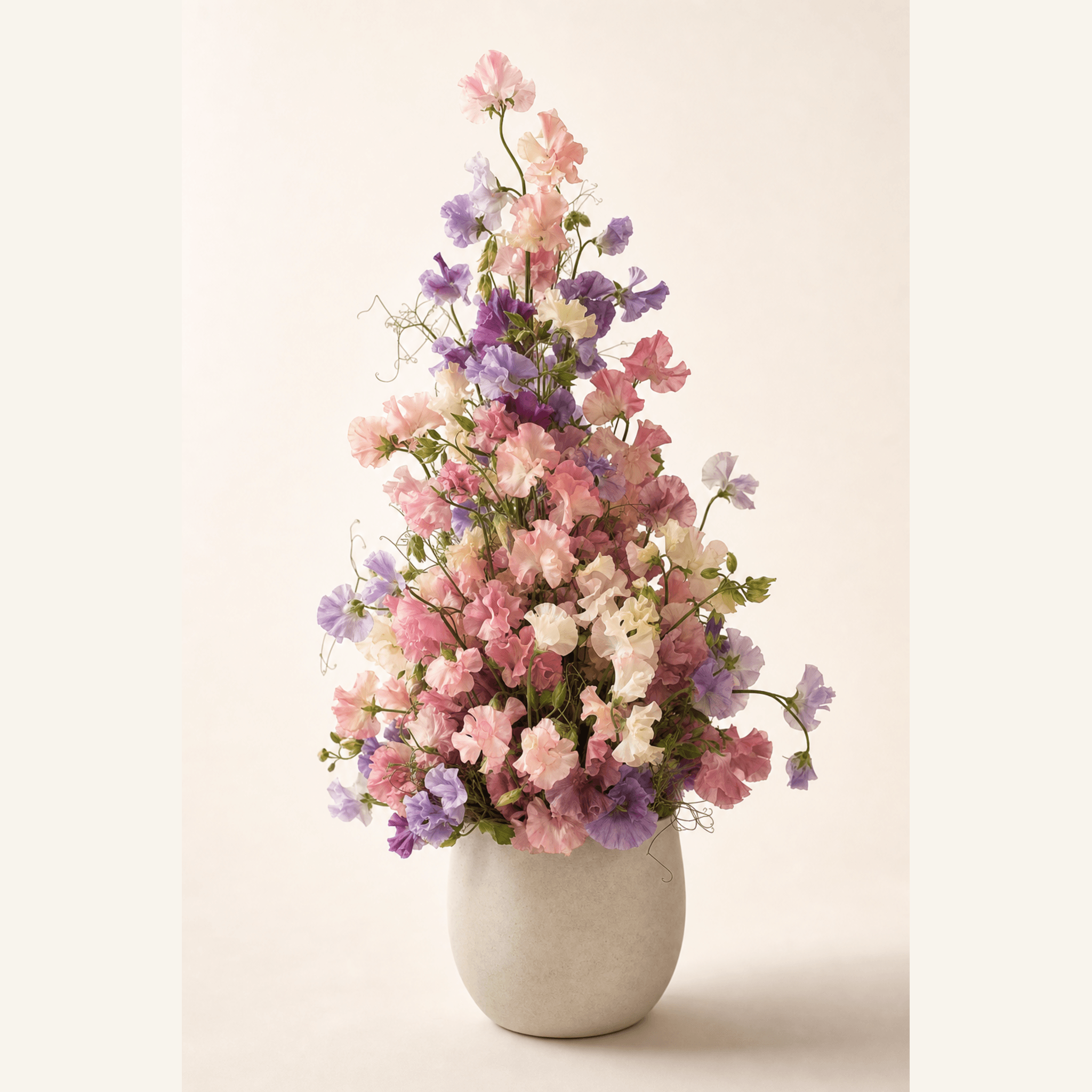 Mixed sweet peas in pink, lilac, purple and white arranged in a round stone-coloured ceramic vase