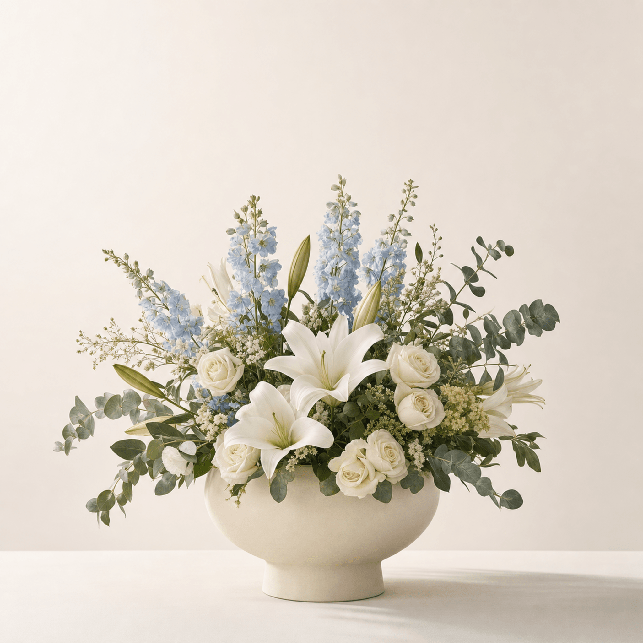 White lilies and cream roses with blue delphiniums and eucalyptus in a cream ceramic bowl
