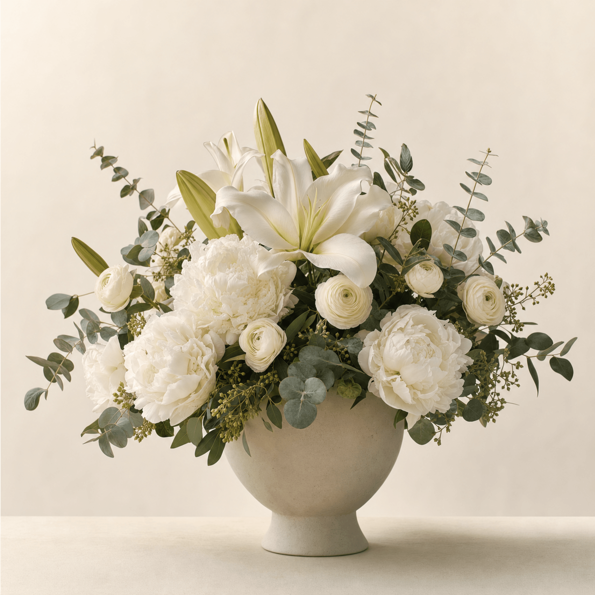 White peonies, ranunculus, a oriental lily and eucalyptus in a stone bowl vase