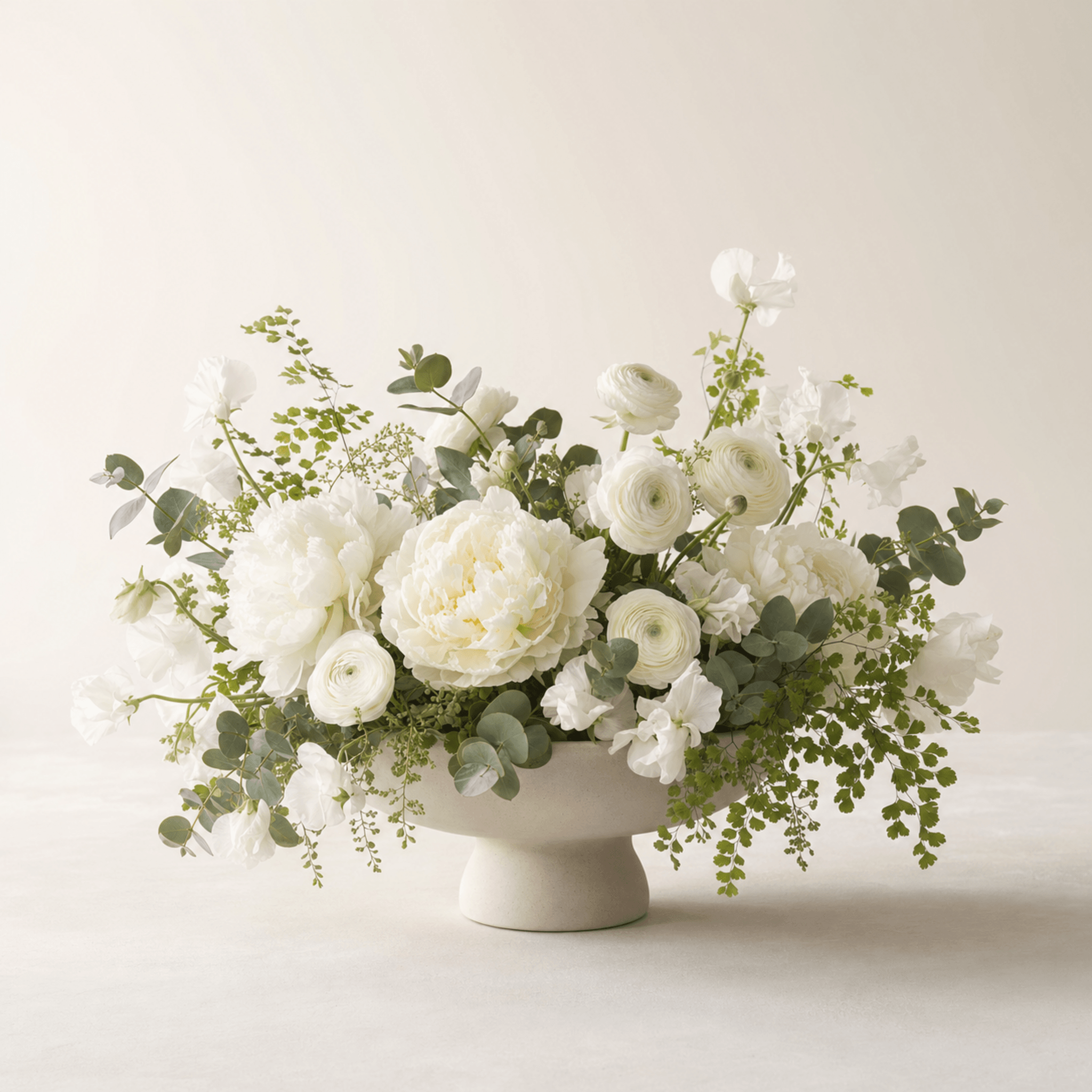 White peonies, ranunculus, sweet peas and eucalyptus arranged in a wide cream ceramic footed bowl