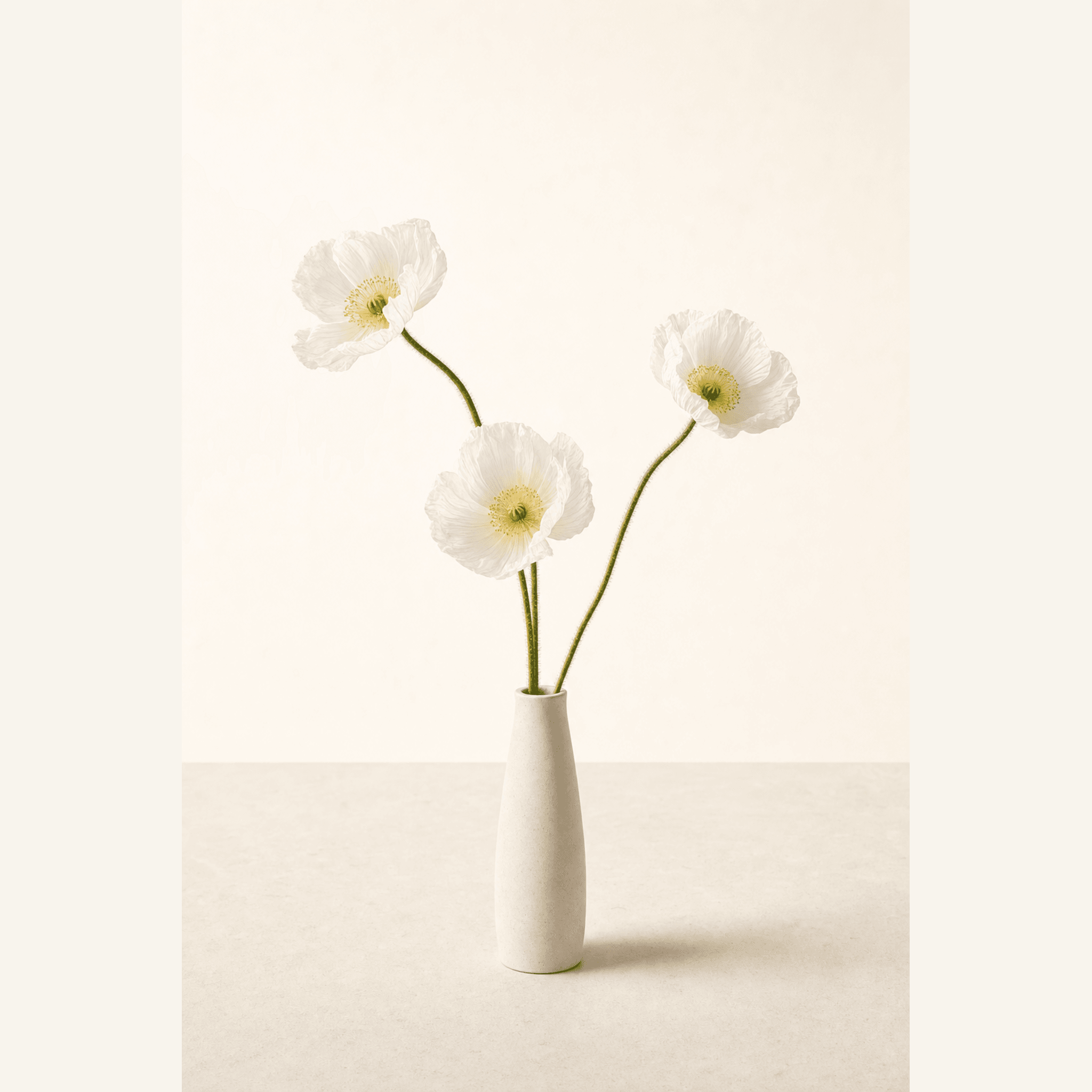Three white poppy blooms with yellow-green centres arranged in a small white ceramic vase