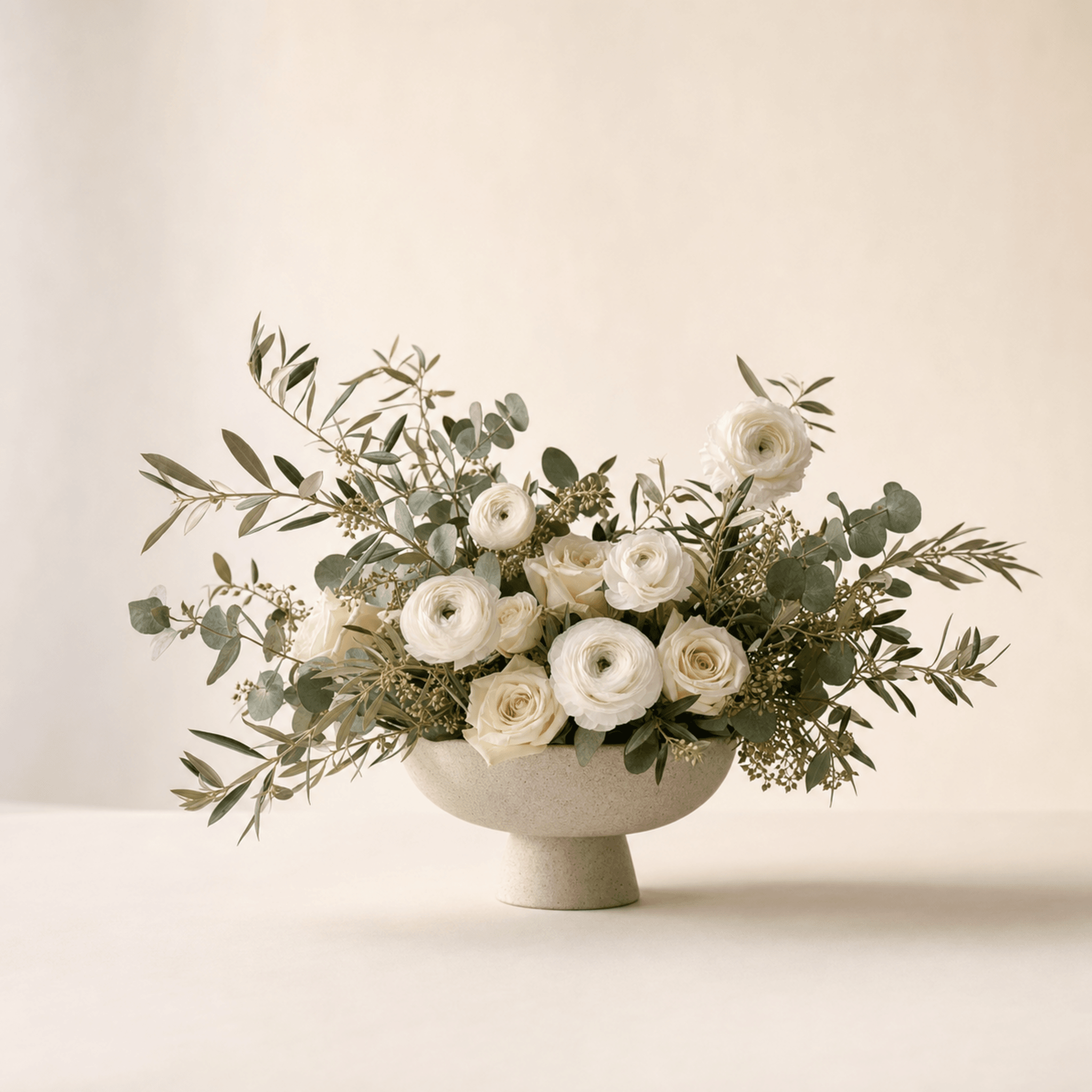 White ranunculus and cream roses with eucalyptus and olive branches in a stone pedestal bowl