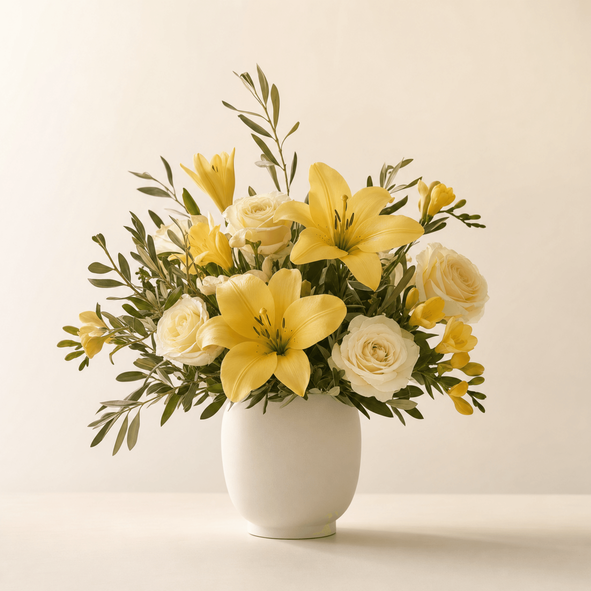 Yellow lilies and cream roses with freesia and olive foliage in a white ceramic vase