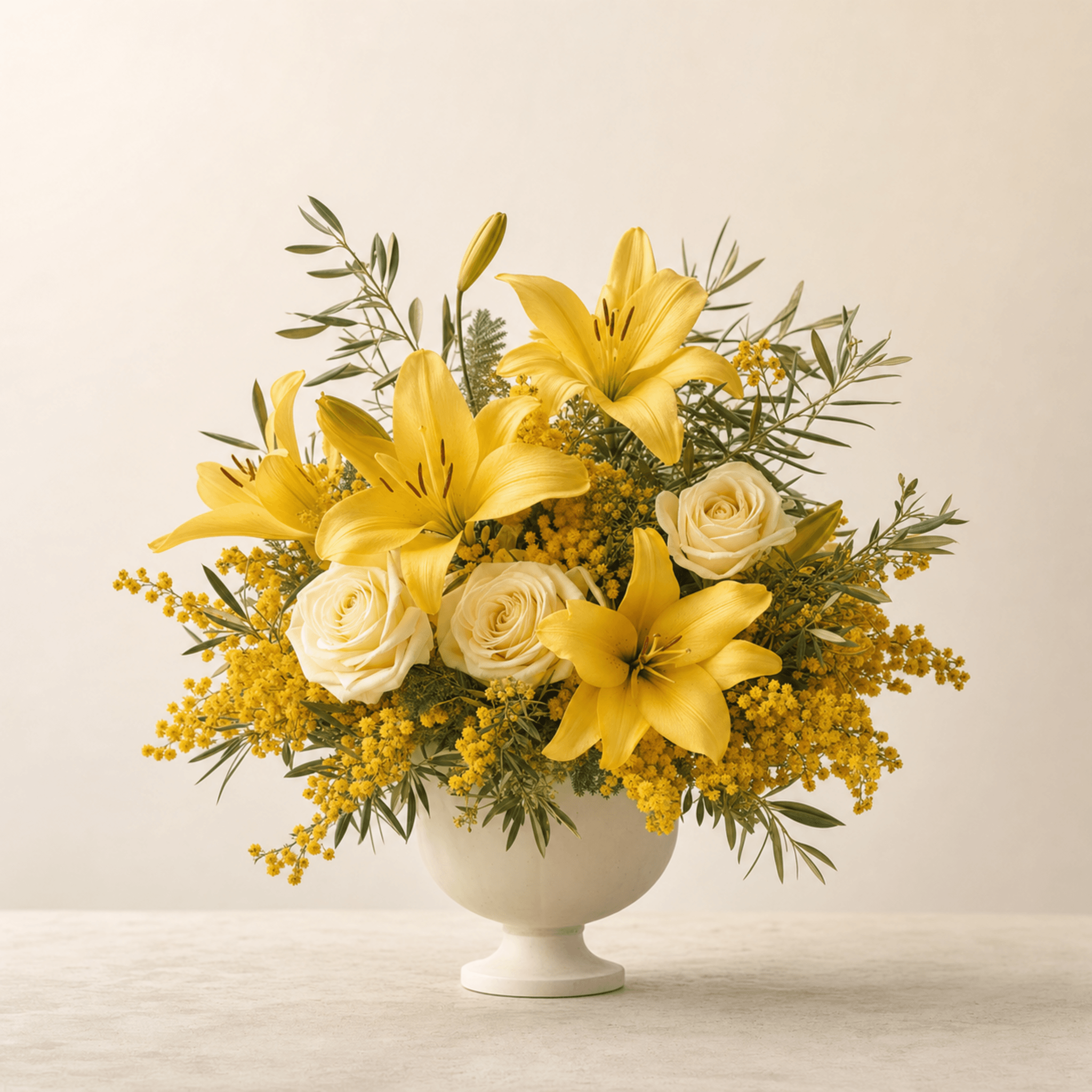 Yellow Asiatic lilies and cream roses with mimosa and olive foliage in a white pedestal bowl