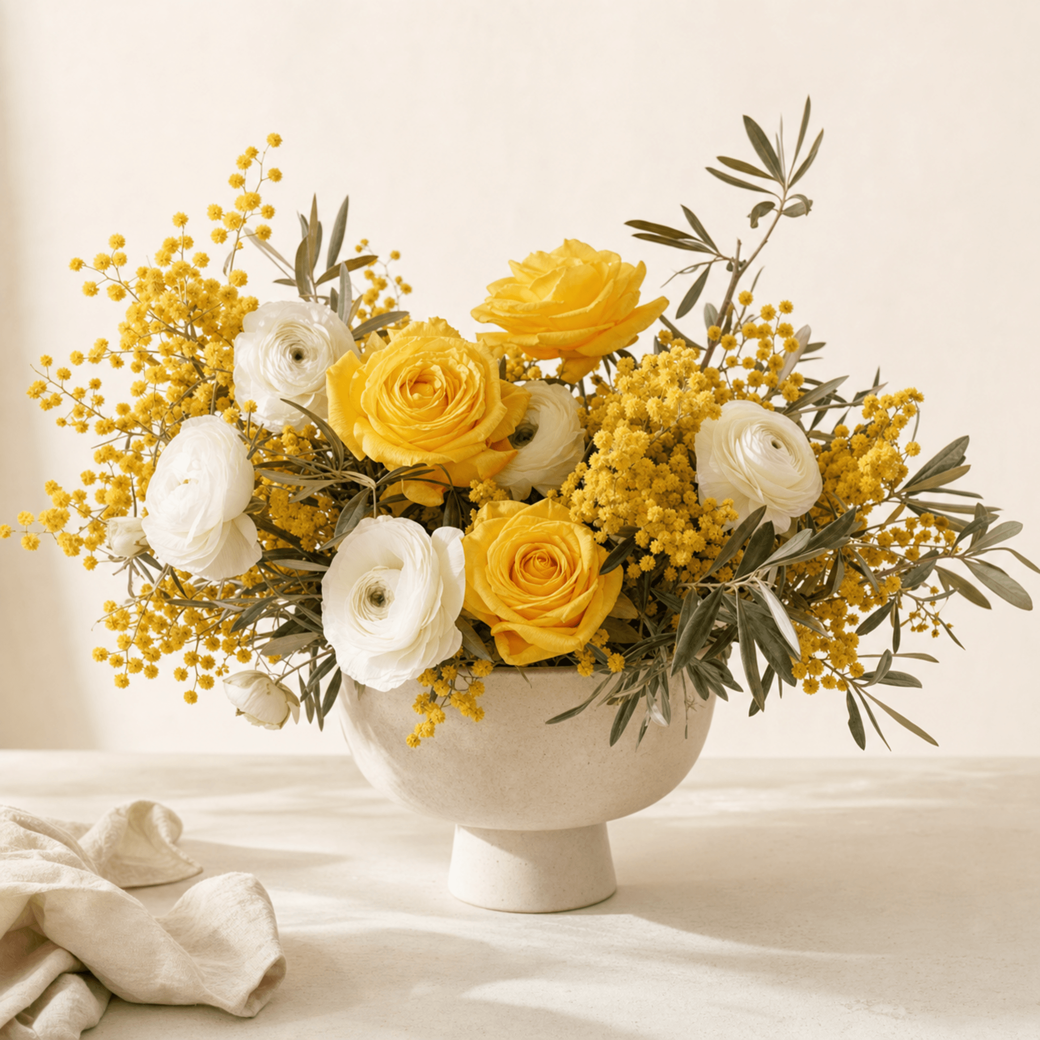 Yellow roses, white ranunculus and golden mimosa in a white ceramic pedestal bowl