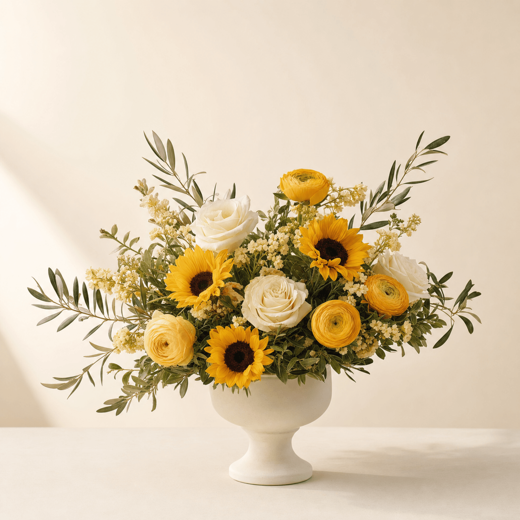Yellow sunflowers, white roses, yellow ranunculus and olive foliage arranged in a white pedestal bowl