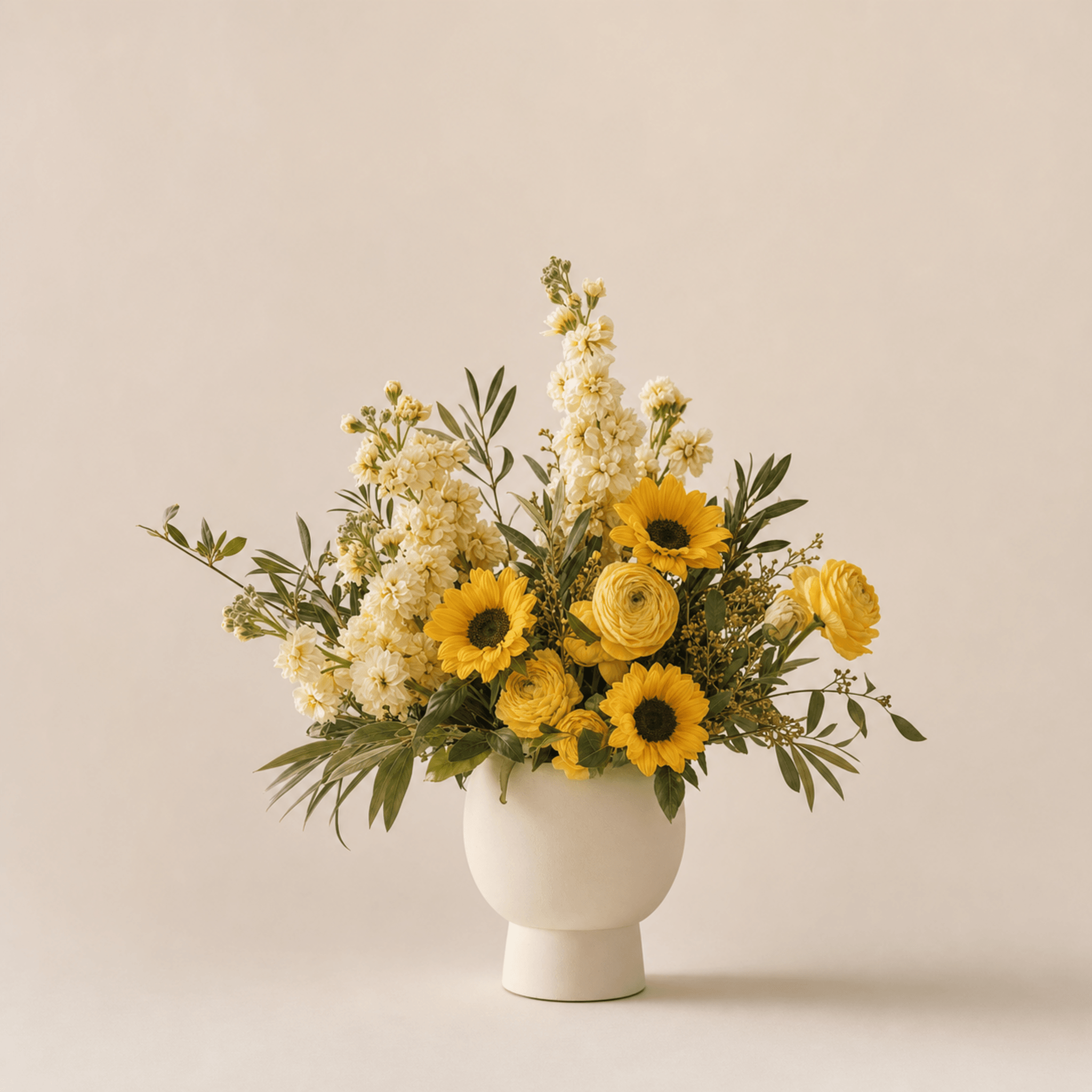 Yellow sunflowers, cream stock, yellow ranunculus and greenery in a white ceramic pedestal vase