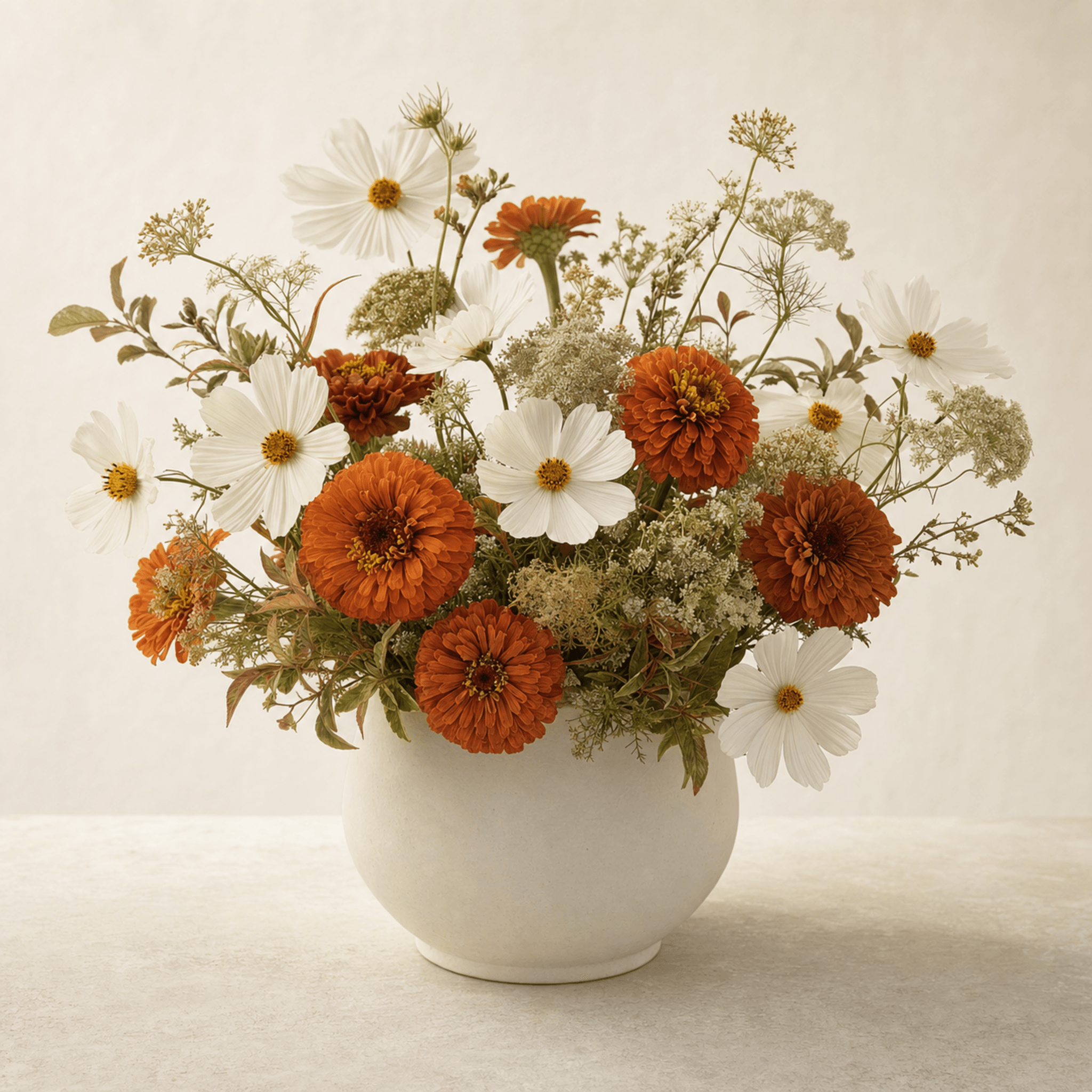 Burnt-orange zinnias and white cosmos with Queen Anne's lace in a round white ceramic vase